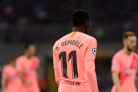 Milan - Nov 6, 2018: Ousmane Dembele 11. FC Internazionale - FC Barcelona. UEFA Champions League. Matchday 4. Giuseppe Meazza (San Siro) stadium.のeditorial素材
