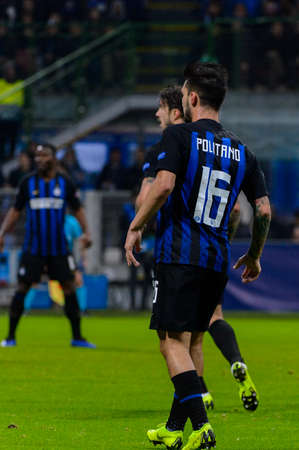 Milan - Nov 6, 2018: Matteo Politano 16. FC Internazionale - FC Barcelona. UEFA Champions League. Matchday 4. Giuseppe Meazza (San Siro) stadium.のeditorial素材