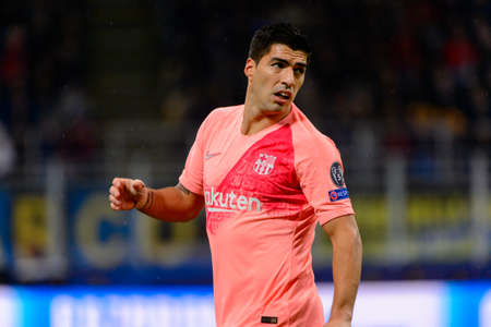 Milan - Nov 6, 2018: Luis Suarez 9 portrait. FC Internazionale - FC Barcelona. UEFA Champions League. Matchday 4. Giuseppe Meazza (San Siro) stadium.のeditorial素材