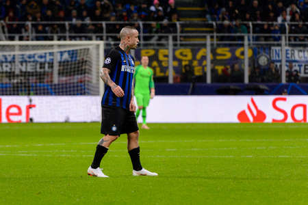 Milan - Nov 6, 2018: Radja Nainggolan 14. FC Internazionale - FC Barcelona. UEFA Champions League. Matchday 4. Giuseppe Meazza (San Siro) stadium.のeditorial素材