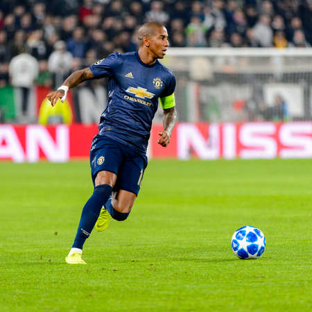 Turin - Nov 7, 2018: Ashley Young 18 controls the ball. Juventus - Manchester United. UEFA Champions League. Matchday 4. Allianz stadium.のeditorial素材
