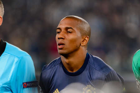 Turin - Nov 7, 2018: Ashley Young 18 portrait. Juventus - Manchester United. UEFA Champions League....