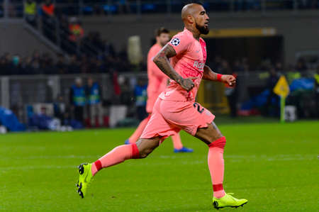 Milan - Nov 6, 2018: Arturo Vidal runs quickly. FC Internazionale - FC Barcelona. UEFA Champions League. Matchday 4. Giuseppe Meazza (San Siro) stadium.のeditorial素材