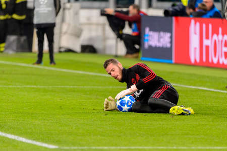 Turin - Nov 7, 2018: David De Gea 1 warming up. Juventus - Manchester United. UEFA Champions League. Matchday 4. Allianz stadium.のeditorial素材