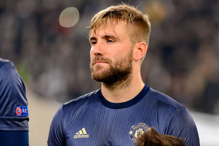Turin - Nov 7, 2018: Luke Shaw 23 close up portrait. Juventus - Manchester United. UEFA Champions League. Matchday 4. Allianz stadium.のeditorial素材