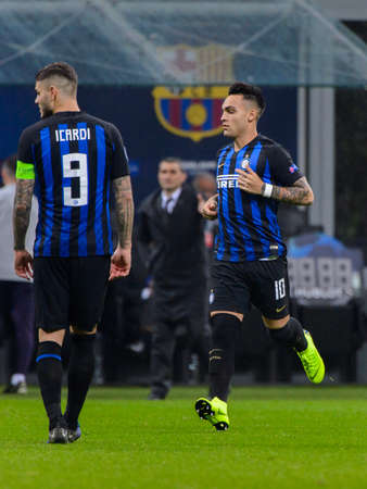 Milan - Nov 6, 2018: Lautaro Martinez 10 and Mauro Icardi. FC Internazionale - FC Barcelona. UEFA Champions League. Matchday 4. Giuseppe Meazza (San Siro) stadium.のeditorial素材