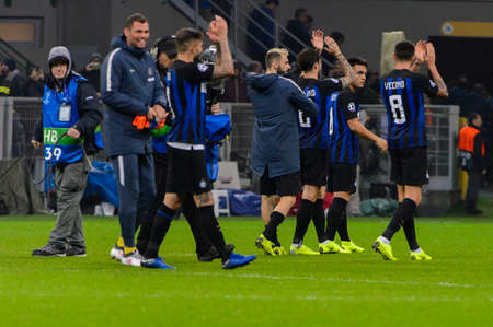 Milan - Nov 6, 2018: Inter greets the public after the game. FC Internazionale - FC Barcelona. UEFA Champions League. Matchday 4. Giuseppe Meazza (San Siro) stadium.のeditorial素材