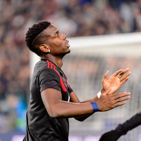 Turin - Nov 7, 2018: Paul Pogba 6 greets the fans. Juventus - Manchester United. UEFA Champions League. Matchday 4. Allianz stadium.のeditorial素材