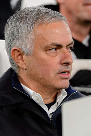 Turin - Nov 7, 2018: Jose Mourinho, the MU manager portrait and his chewing gum. Juventus - Manchester United. UEFA Champions League. Matchday 4. Allianz stadium.のeditorial素材