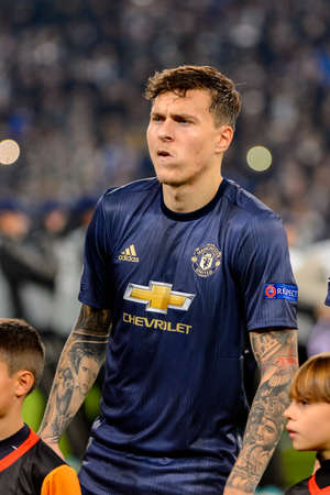 Turin - Nov 7, 2018: Victor Lindelof 2 portrait. Juventus - Manchester United. UEFA Champions League. Matchday 4. Allianz stadium.のeditorial素材