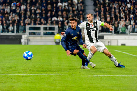 Turin - Nov 7, 2018: Jesse Lingard 14 vs Giorgio Chiellini. Juventus - Manchester United. UEFA Champions League. Matchday 4. Allianz stadium.のeditorial素材