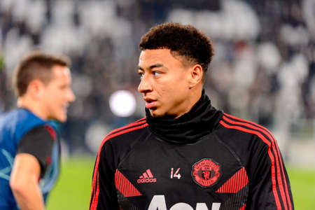 Turin - Nov 7, 2018: Jesse Lingard 14 portrait before the match. Juventus - Manchester United. UEFA Champions League. Matchday 4. Allianz stadium.のeditorial素材