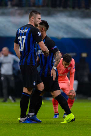 Milan - Nov 6, 2018: Milan Skriniar 37. FC Internazionale - FC Barcelona. UEFA Champions League. Matchday 4. Giuseppe Meazza (San Siro) stadium.のeditorial素材