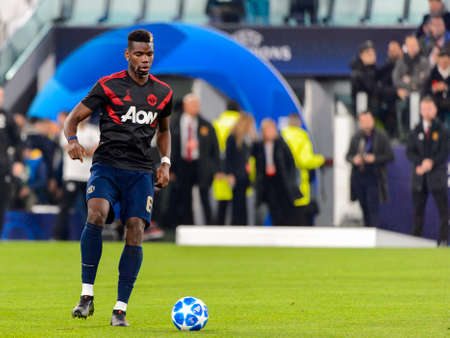 Turin - Nov 7, 2018: Paul Pogba 6 warms up. Juventus - Manchester United. UEFA Champions League. Matchday 4. Allianz stadium.のeditorial素材