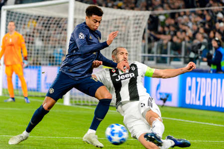 Turin - Nov 7, 2018:  Giorgio Chiellini 3 vs Lingard. Juventus - Manchester United. UEFA Champions League. Matchday 4. Allianz stadium.のeditorial素材