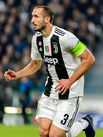 Turin - Nov 7, 2018:  Giorgio Chiellini 3 portrait. Juventus - Manchester United. UEFA Champions League. Matchday 4. Allianz stadium.のeditorial素材
