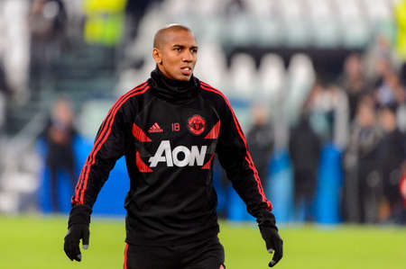 Turin - Nov 7, 2018: Ashley Young 18 portrait. Juventus - Manchester United. UEFA Champions League. Matchday 4. Allianz stadium.のeditorial素材