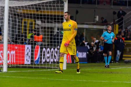 Milan - Nov 6, 2018: Samir Handanovic 1. FC Internazionale - FC Barcelona. UEFA Champions League. Matchday 4. Giuseppe Meazza (San Siro) stadium.のeditorial素材
