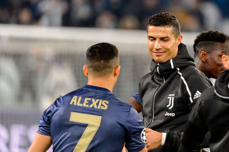 Turin - Nov 7, 2018:  Cristiano Ronaldo 7 and Alexis Sanchez. Juventus - Manchester United. UEFA Champions League. Matchday 4. Allianz stadium.のeditorial素材