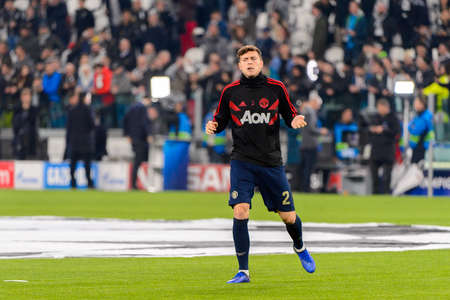 Turin - Nov 7, 2018: Victor Lindelof 2 warms up. Juventus - Manchester United. UEFA Champions League. Matchday 4. Allianz stadium.のeditorial素材