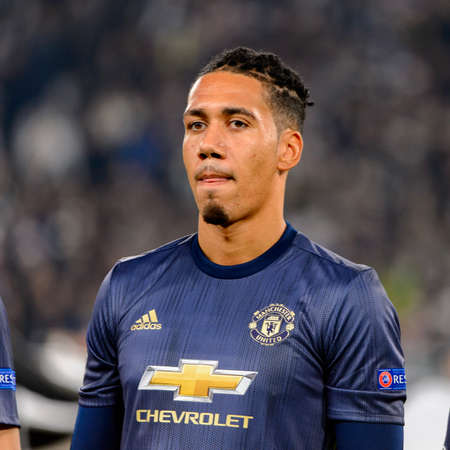 Turin - Nov 7, 2018: Chris Smalling 12 portrait. Juventus - Manchester United. UEFA Champions League. Matchday 4. Allianz stadium.のeditorial素材