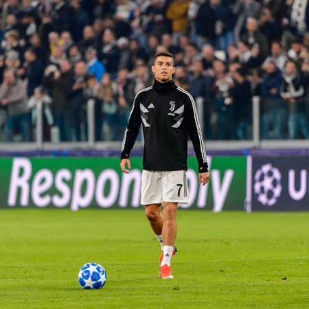 Turin - Nov 7, 2018:  Cristiano Ronaldo 7 warms up. Juventus - Manchester United. UEFA Champions League. Matchday 4. Allianz stadium.のeditorial素材