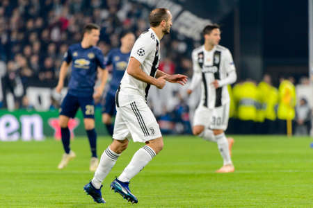 Turin - Nov 7, 2018:  Giorgio Chiellini 3. Juventus - Manchester United. UEFA Champions League. Matchday 4. Allianz stadium.のeditorial素材