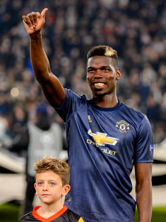Turin - Nov 7, 2018: Paul Pogba 6 smiles close up portrait. Juventus - Manchester United. UEFA Champions League. Matchday 4. Allianz stadium.のeditorial素材