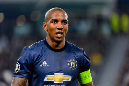 Turin - Nov 7, 2018: Ashley Young 18 portrait. Juventus - Manchester United. UEFA Champions League. Matchday 4. Allianz stadium.のeditorial素材
