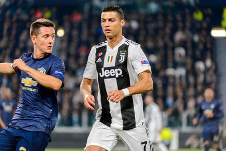 Turin - Nov 7, 2018:  Cristiano Ronaldo 7 close up portrait. Juventus - Manchester United. UEFA Champions League. Matchday 4. Allianz stadium.のeditorial素材