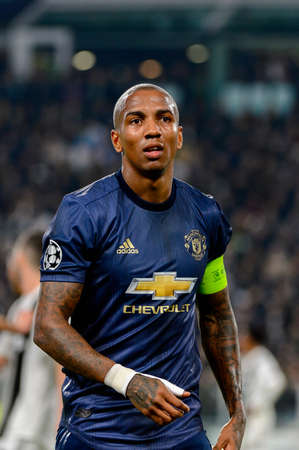 Turin - Nov 7, 2018: Ashley Young 18 portrait. Juventus - Manchester United. UEFA Champions League. Matchday 4. Allianz stadium.のeditorial素材