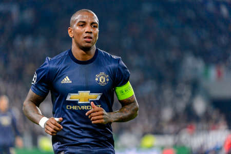 Turin - Nov 7, 2018: Ashley Young 18 portrait. Juventus - Manchester United. UEFA Champions League. Matchday 4. Allianz stadium.のeditorial素材