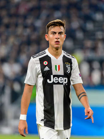 Turin - Nov 7, 2018:  Paulo Dybala 10 portrait. Juventus - Manchester United. UEFA Champions League. Matchday 4. Allianz stadium.のeditorial素材