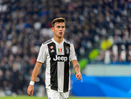 Turin - Nov 7, 2018:  Paulo Dybala 10 portrait. Juventus - Manchester United. UEFA Champions League. Matchday 4. Allianz stadium.のeditorial素材