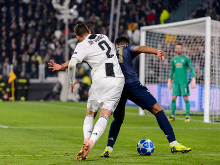 Turin - Nov 7, 2018:  Mattia De Sciglio 2 vs Marcial. Juventus - Manchester United. UEFA Champions League. Matchday 4. Allianz stadium.のeditorial素材