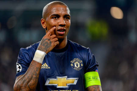 Turin - Nov 7, 2018: Ashley Young 18 portrait. Juventus - Manchester United. UEFA Champions League. Matchday 4. Allianz stadium.のeditorial素材
