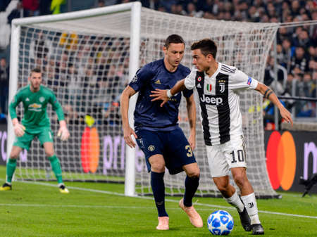 Turin - Nov 7, 2018:  Paulo Dybala 10 vs Matic. Juventus - Manchester United. UEFA Champions League. Matchday 4. Allianz stadium.のeditorial素材