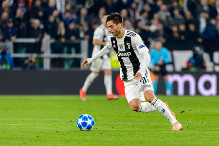 Turin - Nov 7, 2018: Rodrigo Bentancur 30 controls the ball. Juventus - Manchester United. UEFA Champions League. Matchday 4. Allianz stadium.のeditorial素材