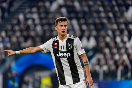 Turin - Nov 7, 2018:  Paulo Dybala 10 portrait. Juventus - Manchester United. UEFA Champions League. Matchday 4. Allianz stadium.のeditorial素材