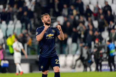 Turin - Nov 7, 2018: Luke Shaw 23 celebrates the victory. Juventus - Manchester United. UEFA...