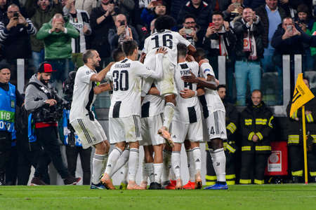 Turin - Nov 7, 2018:  Cristiano Ronaldo 7 celebrates the goal he scored. Juventus - Manchester United. UEFA Champions League. Matchday 4. Allianz stadium.のeditorial素材