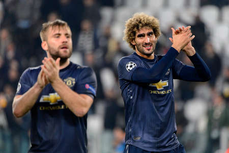 Turin - Nov 7, 2018: Marouane Fellaini 27 celebrates the goal. Juventus - Manchester United. UEFA Champions League. Matchday 4. Allianz stadium.のeditorial素材