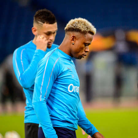 ROME - NOV 8, 2018: Clinton Njie 14 warms up. SS Lazio - Olympique Marseille. UEFA Europe League. Stadio Olimpico.のeditorial素材