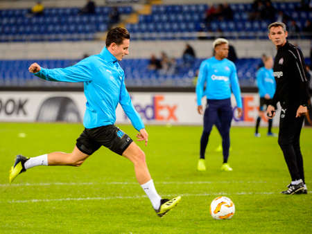 ROME - NOV 8, 2018: Florian Thauvin 26 warms up. SS Lazio - Olympique Marseille. UEFA Europe League. Stadio Olimpico.のeditorial素材