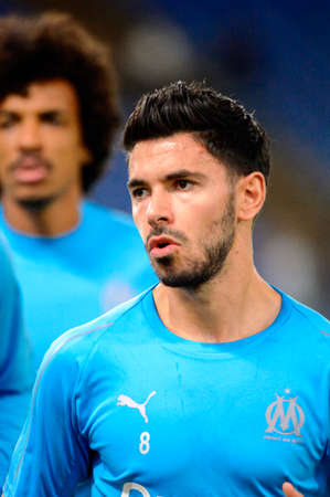 ROME - NOV 8, 2018: Morgan Sanson 8 close up portrait. SS Lazio - Olympique Marseille. UEFA Europe League. Stadio Olimpico.のeditorial素材