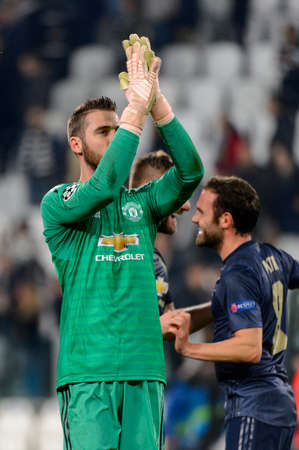 Turin - Nov 7, 2018: David De Gea 1 celebrates the goal. Juventus - Manchester United. UEFA Champions League. Matchday 4. Allianz stadium.のeditorial素材