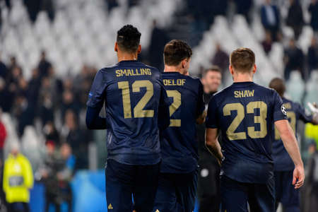 Turin - Nov 7, 2018: Man United players celebrate.Juventus - Manchester United. UEFA Champions League. Matchday 4. Allianz stadium.のeditorial素材
