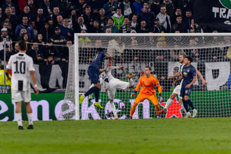 Turin - Nov 7, 2018: Anthony Martial 11 attacks with a head. Juventus - Manchester United. UEFA Champions League. Matchday 4. Allianz stadium.のeditorial素材