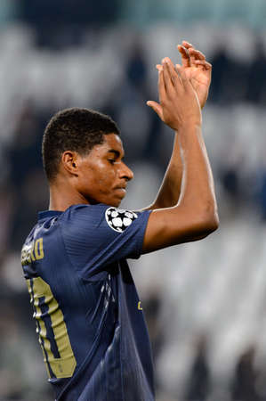 Turin - Nov 7, 2018: Marcus Rashford 10 celebrates. Juventus - Manchester United. UEFA Champions League. Matchday 4. Allianz stadium.のeditorial素材