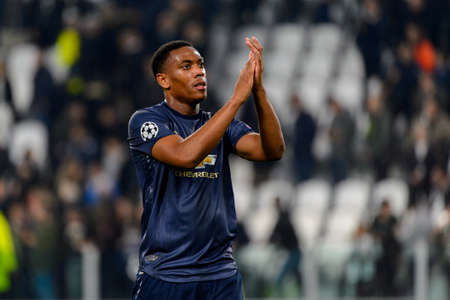 Turin - Nov 7, 2018: Anthony Martial 11 celebrates the goal. Juventus - Manchester United. UEFA Champions League. Matchday 4. Allianz stadium.のeditorial素材